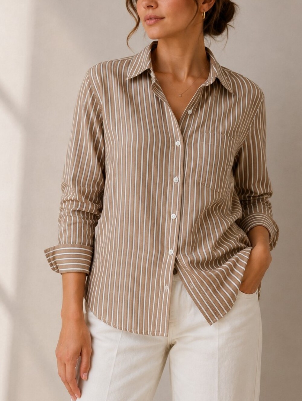 ​H&M Tan White Striped Long Sleeve Button Down Blouse Shirt Size XS